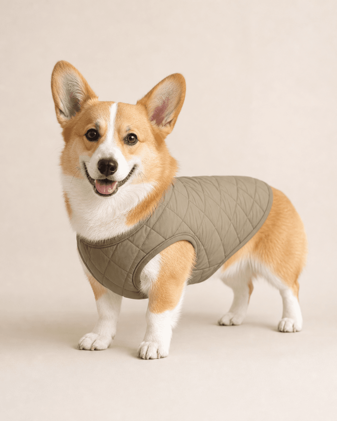 Corgi wearing a lightweight quilted pet jacket