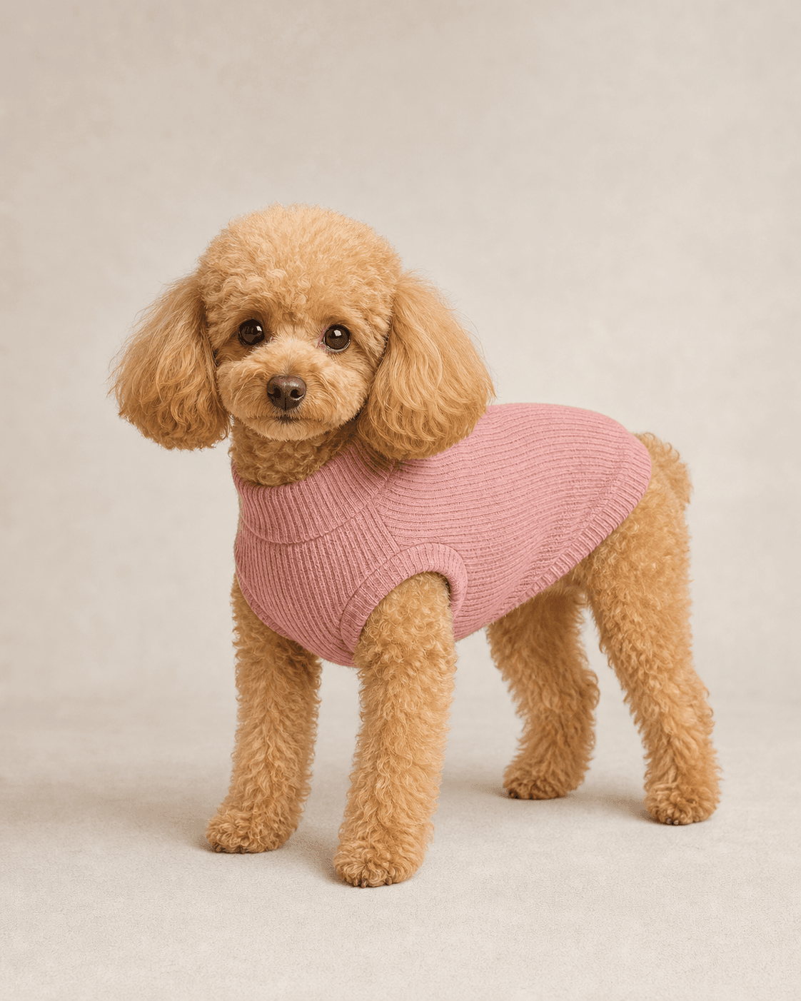 Toy poodle wearing a pink ribbed knit pet sweater
