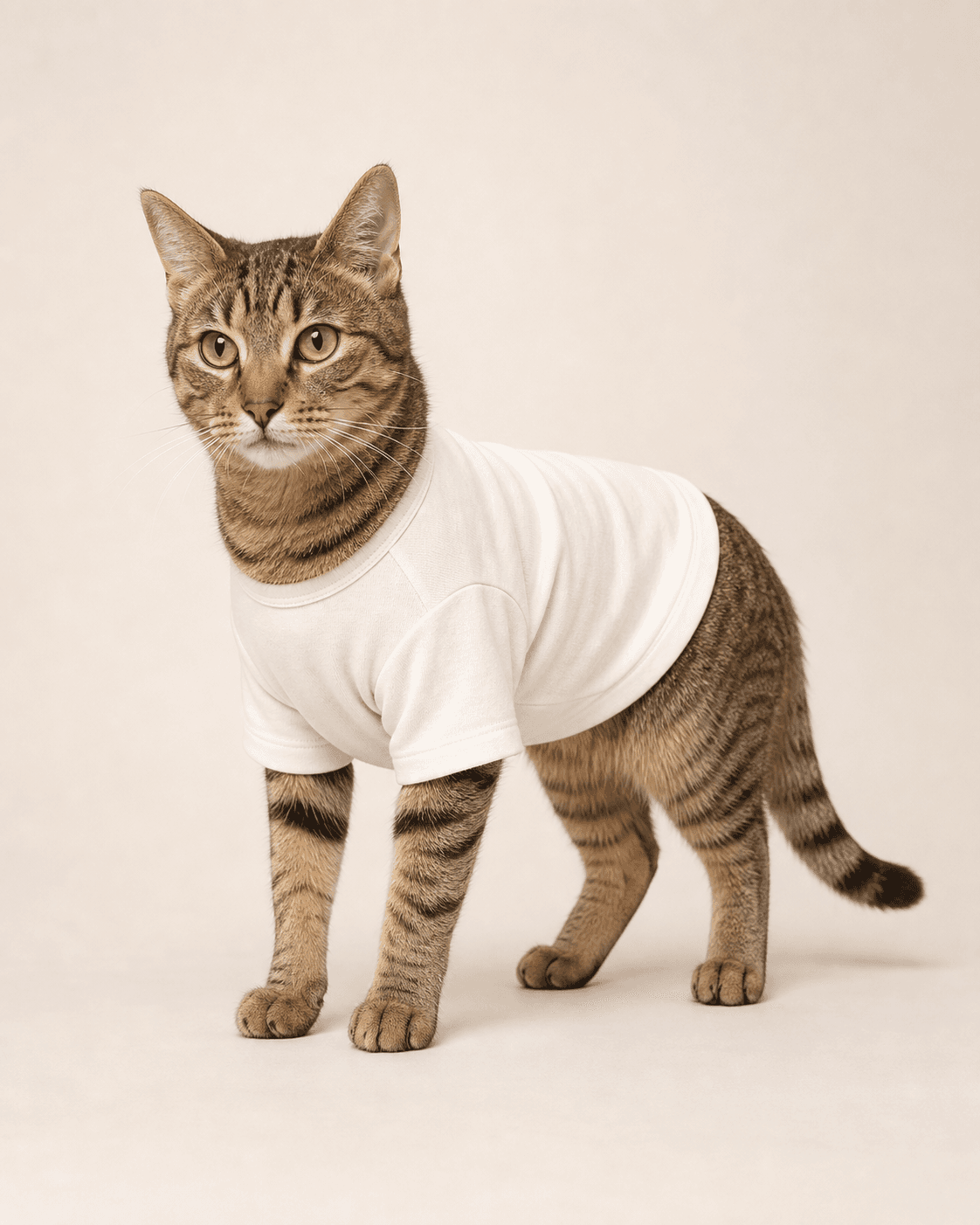 Tabby cat wearing a simple cotton pet T-shirt